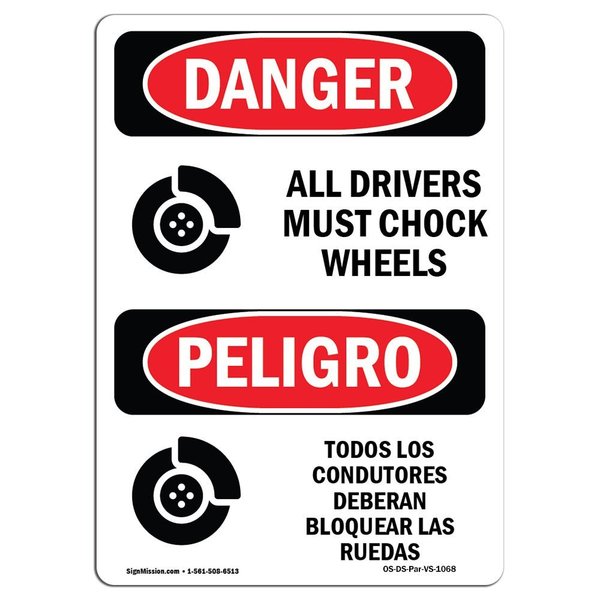Signmission OSHA Danger, 18" Width, Alum, 18" W, 24" L, Bilingual Spanish, Chock Wheels Before Loading Bilingual OS-DS-A-1824-VS-1068